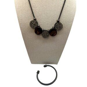 Black & Silver Statement Necklace & Bracelet Set With Rhinestones.  C1